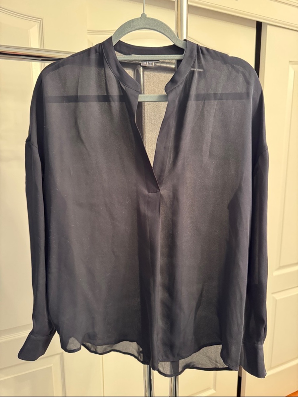 Vince Sheer Navy V-Neck Long-Sleeve Blouse